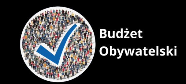 czarne tło, na froncie logo budżetu obywatelskiego - białe koło zapełnione graficznymi ludzikami widocznymi z lotu ptaka, po środku znaczek odhaczenia, obok z prawej strony napis "Budżet obywatelski"