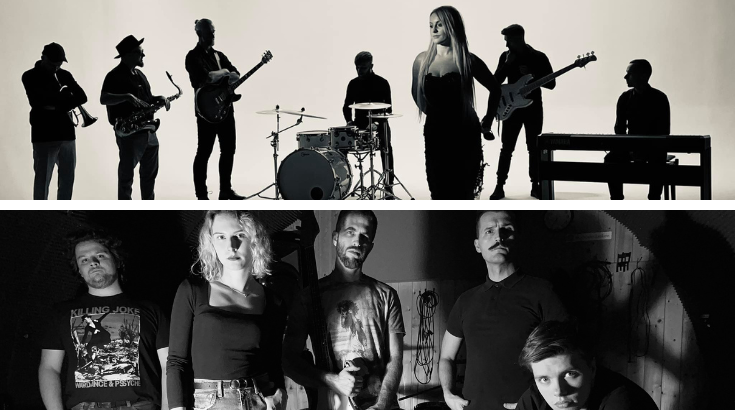 U góry czarno-białe zdjęcie zespołu ISKA, na pierwszym planie wokalistka, z tyłu skład - od lewej instrumenty dęte, gitara, perkusja, z prawej strony osoba siedzi na ławce tyłem do obiektywu. Postaci muzyków są wycienione, uwaga skupia się na wokalistce. Na dole czarno-białe zdjęcie zespołu Agata Nasiadka, wokalistka i muzycy w studio, patrzą w obiektyw