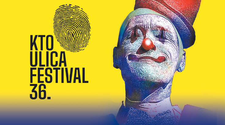 plakat festiwalu ulica - żółte tło, napis "KTO ULICA FESTIVAL 36.", obok wizerunek popiersia uśmiechniętego clowna w kapeluszu