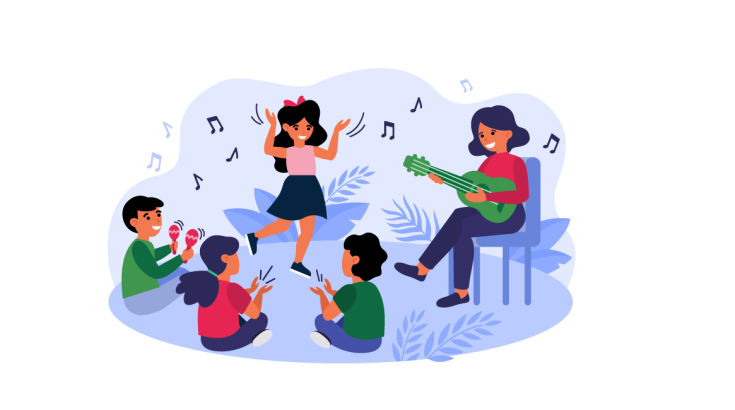 Grafika wektorowa: dzieci grające na instrumentach i śpiewające.