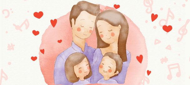 Przytulająca się rodzina: matka, ojciec i dwójka dzieci.