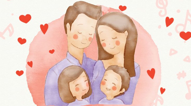 Przytulająca się rodzina: matka, ojciec i dwójka dzieci.