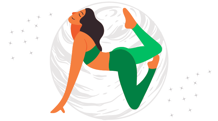 Kreskówkowa kobieta w pozycji jogicznej, z tyłu blado-szary zarys planet Wenus i gwiazdy