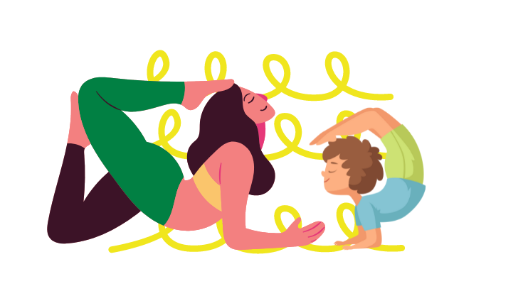 Kreskówkowe przedstawienie kobiety i dziecka w tej samej jogicznej pozycji, wspartych na łokciach z nogą uniesioną ku górze, naprzeciwko siebie