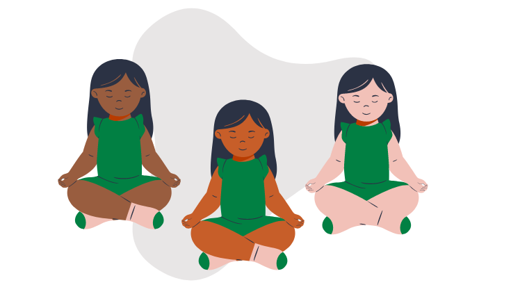 trójka graficznie przedstawionych dzieci w pozycji kwiatu lotosu - dzieci wyglądają tak samo i mają te same ubranie, różni je tylko odcień skóry