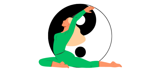 W tle symbol ying yang, z przodu kobieta w sportowym stroju, w jogicznej pozycji, z rękoma wyciągniętymi ku górze
