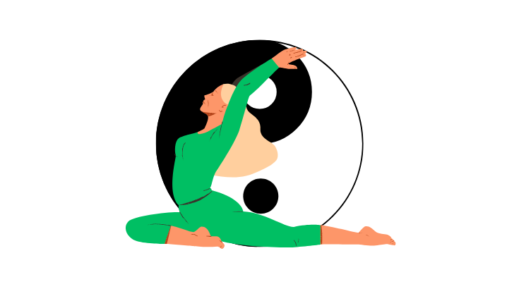 W tle symbol ying yang, z przodu kobieta w sportowym stroju, w jogicznej pozycji, z rękoma wyciągniętymi ku górze