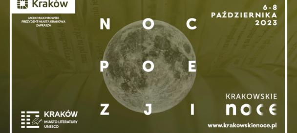 Księżyc z nałożonym napisem "noc poezji: dużymi literami ułożonymi w kwadrat