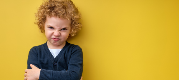 Zdjęcie ilustrujące warsztaty miejsce wrażliwe, w tematyce złości - dziecko w kręconych włosach, około 4-letnie, z założonymi rękoma i zdenerwowaną miną