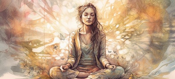 Kobieta w pozycji kwiatu lotosu (siedzącej, ze skrzyżowanymi nogami) siedzi w środku kadru, dookoła chmury, kolorowe plamy i światła. Całość utrzymana w podobnej tonacji kolorystycznej, w stonowanych barwach.