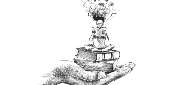 Grafika prezentująca zajęcia "strefa słowa" - młoda osoba z książką w rękach, unoszona przez dużą dłoń