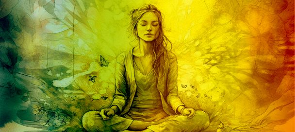 kobieta podczas medytacji w pozie lotosu grafika wektorowa w kolorach tęczy