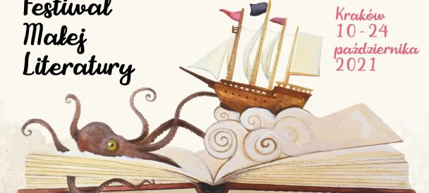 Plakat Festiwalu przedstawiający otwartą książkę z której stron wyłania się ośmiornica i statek
