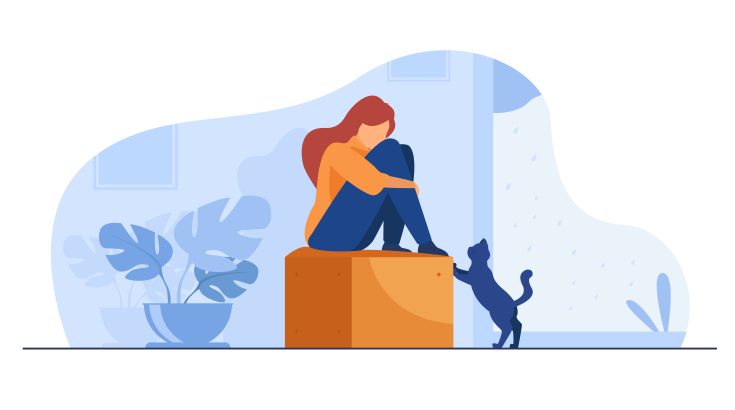 Grafika: siedząca kobieta przytula do siebie kolana, przy jej stopie kot.