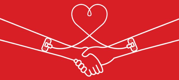 Logo akcji honorowego krwiodawstwa: splecione dłonie na czerwonym tle.