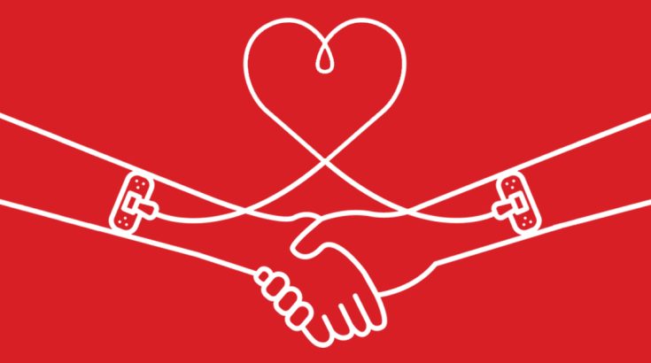 Logo akcji honorowego krwiodawstwa: splecione dłonie na czerwonym tle.