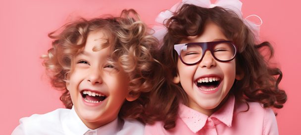 Dwójka śmiejących się dzieci - fotografia portretowa na różowym tle.
