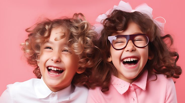 Dwójka śmiejących się dzieci - fotografia portretowa na różowym tle.