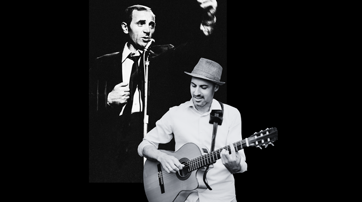 Dwóch mężczyzn na czarnym tle. Jeden śpiewa, drugi gra na gitarze. wszystko w kolorach czarno - białych.