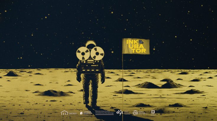 Grafika promująca piątą edycję projektu Tak Brzmi Miasto Inkubator 2024: kosmonauta przy fladze z napisem "Inkubator".