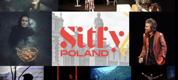 Mozaika zdjęć teatralnych, na której na środku widać czerwony napis Sitfy Poland