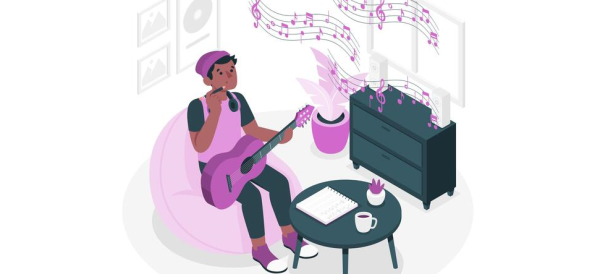 Grafika wektorowa: postać ubrana na fioletowo siedzi w pokoju na fotelu z gitarą akustyczną opartą na kolanach.