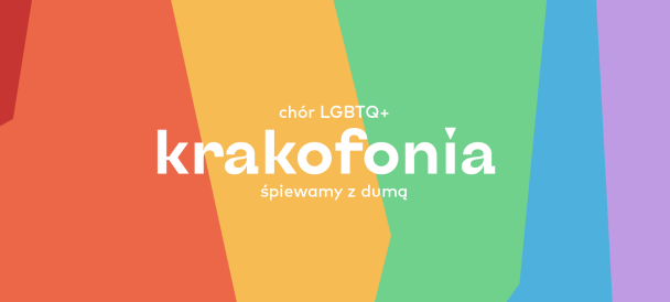 Paski w kolorach tęczy z napisem "Krakofonia"