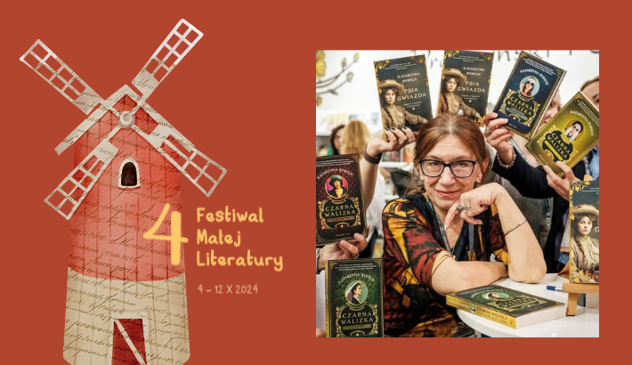 Po lewej: wiatrak (młyn wiatrowy) w kolorach czerwieni i beżu na czerwonym tle - grafika Festiwalu Małej Literatury 2024. Po prawej: fotografia portretowa pisarki Katarzyny Ryrych.