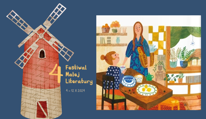 Po lewej: Wiatrak (młyn wiatrowy) w kolorach czerwieni i beżu na granatowym tle - grafika Festiwalu Małej Literatury 2024. Po prawej: ilustracja z książki - mama i córka w kuchni przy posiłku.