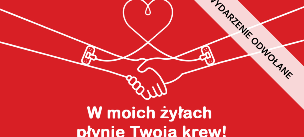 Czerwone tło, graficzne przedstawieie splecionych dłoni z sercem białą kreską, na dole napis "w moich żyłach płynie Twoja krew".