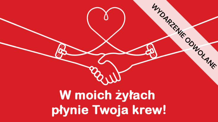 Czerwone tło, graficzne przedstawieie splecionych dłoni z sercem białą kreską, na dole napis "w moich żyłach płynie Twoja krew".