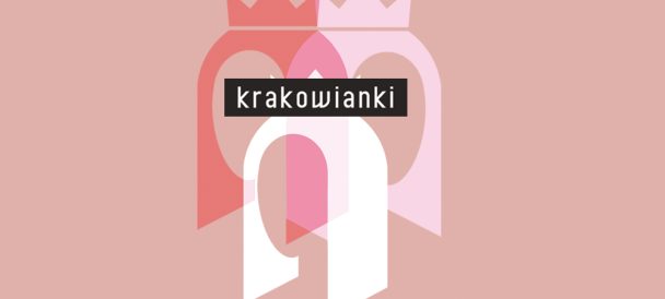 Grafika w brudnoróżowych odcieniach. Na środku powielony cień głowy kobiety w koronie w trzech kolorach. Na nich biały napis na czarnym tle: krakowianki.