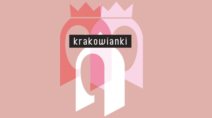 Grafika w brudnoróżowych odcieniach. Na środku powielony cień głowy kobiety w koronie w trzech kolorach. Na nich biały napis na czarnym tle: krakowianki.