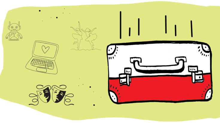 Grafika wektorowa: biało-czerwona walizka podróżna na zielonym tle.