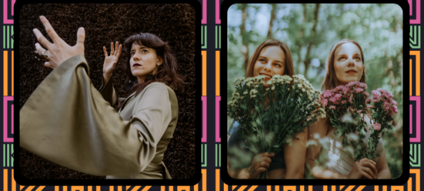 Grafika promująca festiwal muzyczny Odkrywka: zdjęcia dwóch zespołów na różowo-pomarańczowym tle.