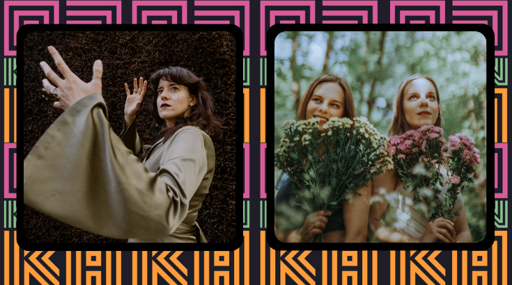 Grafika promująca festiwal muzyczny Odkrywka: zdjęcia dwóch zespołów na różowo-pomarańczowym tle.
