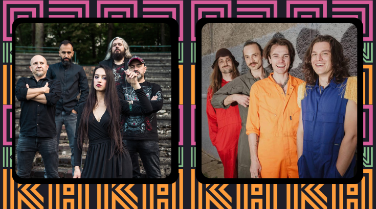 Grafika promująca festiwal muzyczny Odkrywka: zdjęcia dwóch zespołów na różowo-pomarańczowym tle.