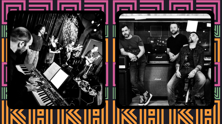Grafika promująca festiwal muzyczny Odkrywka: zdjęcia dwóch zespołów na różowo-pomarańczowym tle.