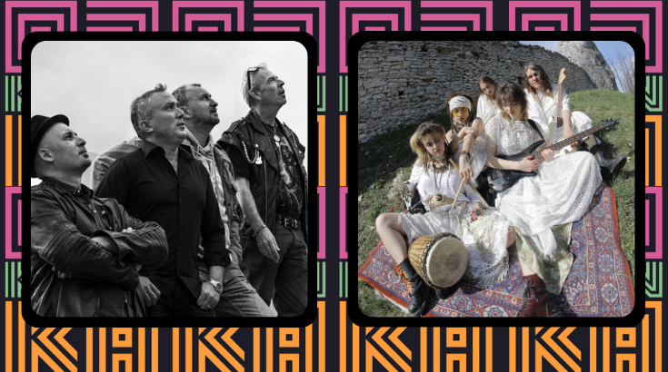 Grafika promująca festiwal muzyczny Odkrywka: zdjęcia dwóch zespołów na różowo-pomarańczowym tle.