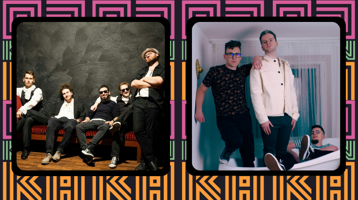 Grafika promująca festiwal muzyczny Odkrywka: zdjęcia dwóch zespołów na różowo-pomarańczowym tle.