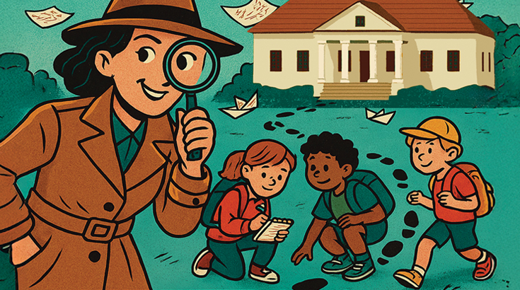 Ilustracja przedstawia panią detektyw ze szkłem powiększającym, trójkę dzieci oraz w tle budynek dworku białoprądnickiego.