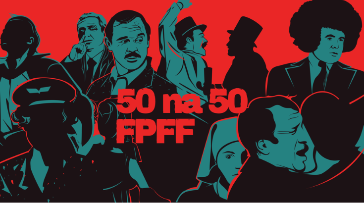 Grafika w stylu komiksowym. Na czerwonym tle grupa znanych polskich aktorów