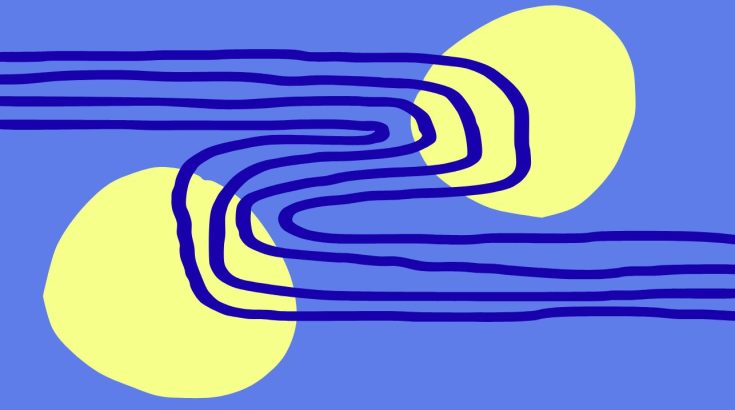 Digital art w typie abstrakcji malarskiej: dwie żółte plamy barwne połączone granatowymi zygzakowatymi liniami na niebieskim tle.