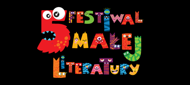 Grafika V edycji Festiwalu Małej Literatury: kolorowe litery układające się w nazwę wydarzenia i cyfra pięć z oczami przypominająca czerwonego potwora z bajki dla dzieci.