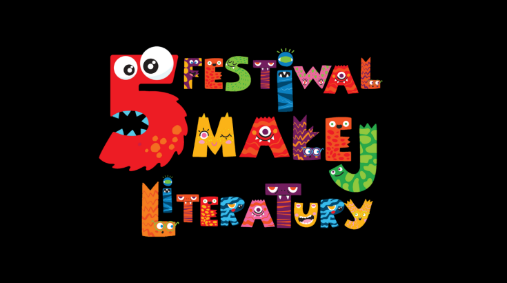Grafika V edycji Festiwalu Małej Literatury: kolorowe litery układające się w nazwę wydarzenia i cyfra pięć z oczami przypominająca czerwonego potwora z bajki dla dzieci.