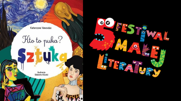 Po prawej stronie grafiki logo 5 edycji Festiwalu Małej Literatury a po lewej okładka książki Kto to puka? Sztuka!