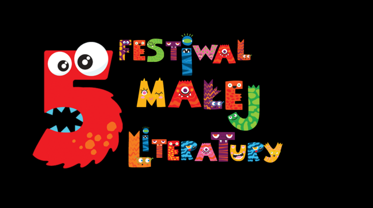 Grafika V edycji Festiwalu Małej Literatury: kolorowe litery układające się w nazwę wydarzenia i cyfra pięć z oczami przypominająca czerwonego potwora z bajki dla dzieci.