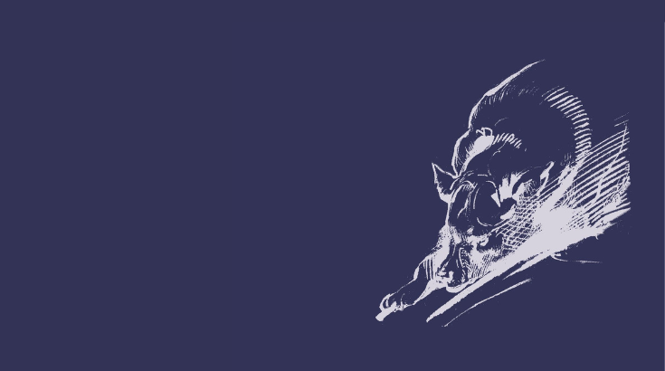 Szkic świni z wyciągniętymi racicami na granatowym tle.