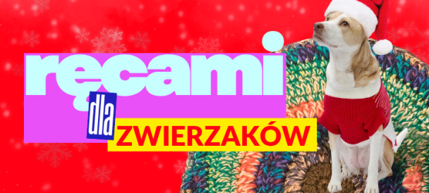 Grafika przedstawia białego pasa w czapce Mikołaja siedzącego na kolorowym okrągłym dywaniku. Po lewej stronie napis ala kolaż Ręcami dla zwierzaków.