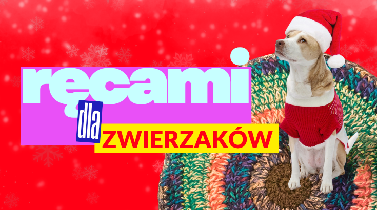 Grafika przedstawia białego pasa w czapce Mikołaja siedzącego na kolorowym okrągłym dywaniku. Po lewej stronie napis ala kolaż Ręcami dla zwierzaków.